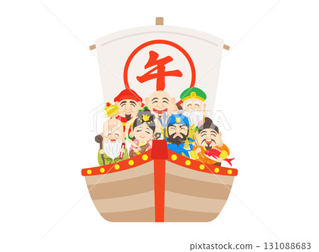 馬年載有七福神的寶船插圖｜馬年素材 131088683