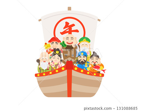 載著馬和七福神的寶船插圖｜馬年素材 131088685