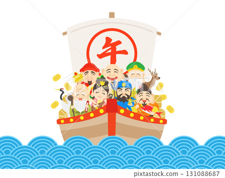 馬年,一艘載有七福神、一隻鶴和一隻鹿的寶船在海上航行的插圖 馬年,一艘載有七福神、一隻鶴和一隻鹿的寶船在海上航行的插圖 131088687