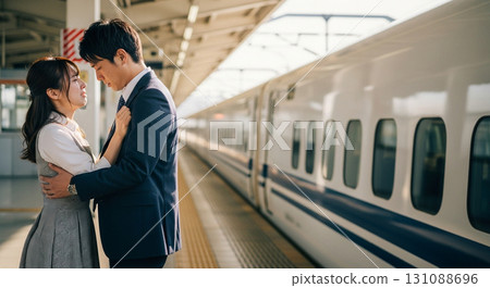 A man and a woman regretfully parting ways on the Shinkansen platform. The closer they embrace, the further apart they become. 131088696