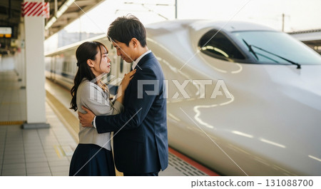 新幹線上，一對男女依依不捨地告別。兩人越緊緊擁抱，卻又越疏遠。 131088700