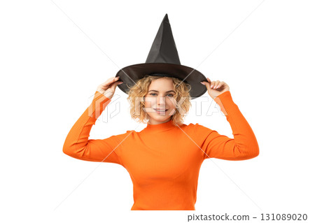 Cheerful person in Halloween costume, isolated on white, PNG Cheerful person in Halloween costume, isolated on white, PNG 131089020