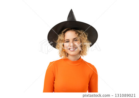 Woman in witch hat and bright sweater, isolated on white, PNG Woman in witch hat and bright sweater, isolated on white, PNG 131089021