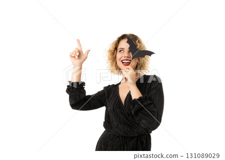 Happy woman points with a bat prop, isolated on white, PNG Happy woman points with a bat prop, isolated on white, PNG 131089029