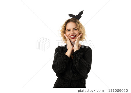 Excited woman celebrates Halloween, isolated on white, PNG Excited woman celebrates Halloween, isolated on white, PNG 131089030