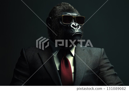 Gorilla in a Bespoke Three-Piece Suit with Sunglasses 131089082