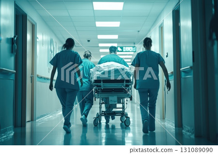 Medical Team Rushing Patient on Gurney in Hospital Medical Team Rushing Patient on Gurney in Hospital 131089090