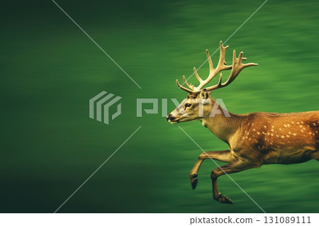 Quick Moving Deer with Antlers on Green Background Quick Moving Deer with Antlers on Green Background 131089111