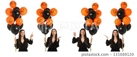 Woman celebrates Halloween with pumpkin balloons, isolated, PNG Woman celebrates Halloween with pumpkin balloons, isolated, PNG 131089120