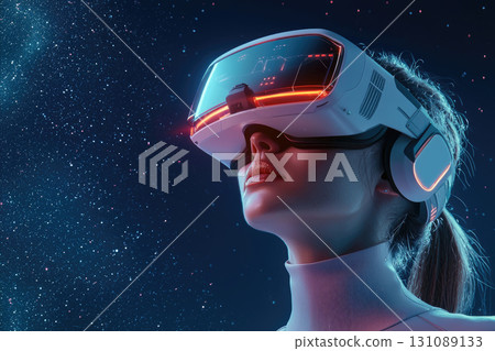 Futuristic woman wearing VR headset, exploring virtual reality space 131089133