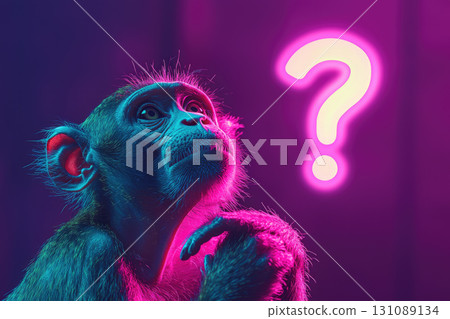 Surreal monkey portrait with vibrant colors and question mark 131089134