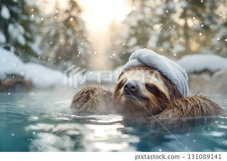 relaxed furry sloth enjoying warm bath in snowy landscape relaxed furry sloth enjoying warm bath in snowy landscape 131089141