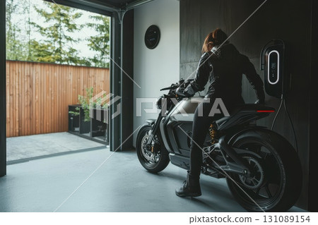 Electric Motorcycle in Modern Garage Setting Electric Motorcycle in Modern Garage Setting 131089154