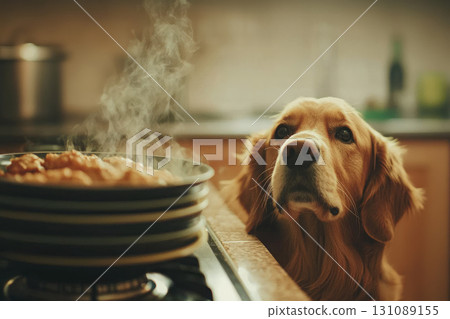dog curiously watches food cooking on kitchen stove dog curiously watches food cooking on kitchen stove 131089155