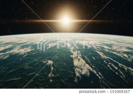 Sunrise over Earth from space, highlighting clouds and green landscapes Sunrise over Earth from space, highlighting clouds and green landscapes 131089167