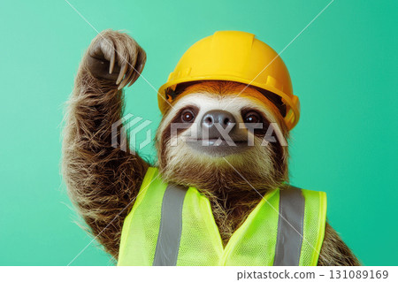 Smiling sloth in bright yellow vest and helmet, cheerful expression 131089169