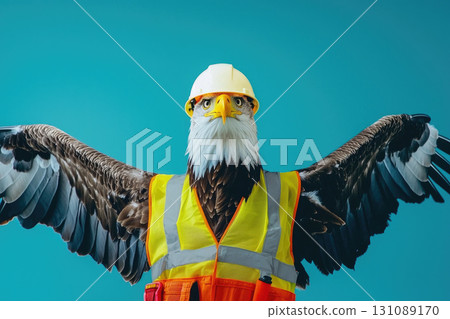 stoic eagle wearing safety vest and helmet, wings spread wide 131089170