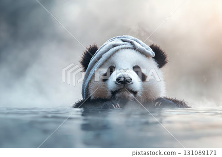 cute panda relaxing in water with towel on its head, exuding calmness 131089171