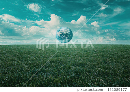 floating Earth above vast green field under cloudy sky 131089177