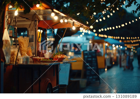 Food truck festival with cozy evening lighting and vibrant atmosphere Food truck festival with cozy evening lighting and vibrant atmosphere 131089189