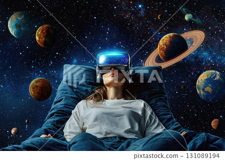 Futuristic woman wearing VR headset, exploring cosmic universe 131089194