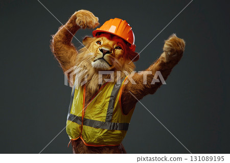 lion wearing hard hat and safety vest poses confidently 131089195