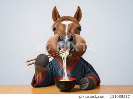 Cute horse character and zoni New Year's Japanese room background with zodiac illustration New Year's card material 131089217