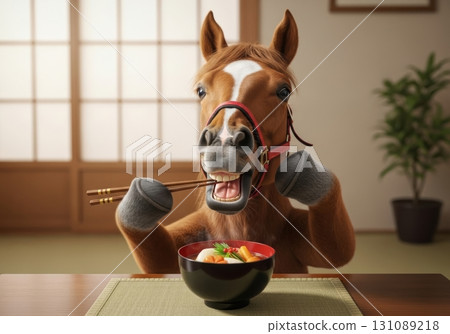 Cute horse character and zoni New Year's Japanese room background with zodiac illustration New Year's card material 131089218