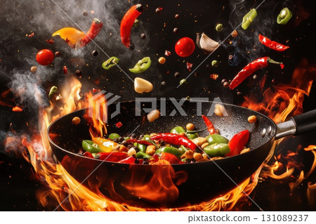 A pan of food is cooking on a stove with a lot of smoke 131089237