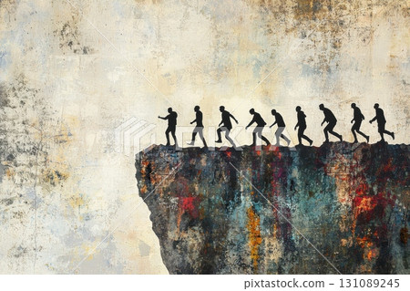 A painting of a group of people walking up a cliff A painting of a group of people walking up a cliff 131089245