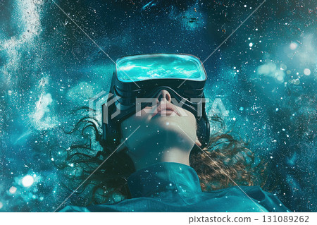 woman wearing futuristic VR goggles in cosmic setting, exploring space woman wearing futuristic VR goggles in cosmic setting, exploring space 131089262