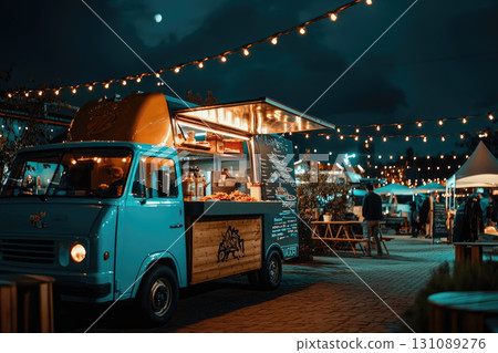 Food truck festival at night with cozy lighting and lively atmosphere Food truck festival at night with cozy lighting and lively atmosphere 131089276