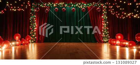 Festive Red and Green Stage with Garland Decorations Festive Red and Green Stage with Garland Decorations 131089327