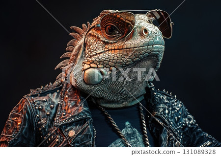 Cool Iguana in Leather Biker Jacket with Sunglasses 131089328