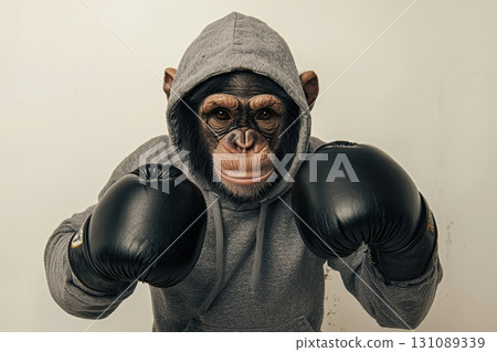 Determined Chimpanzee in Black Boxing Gloves Determined Chimpanzee in Black Boxing Gloves 131089339