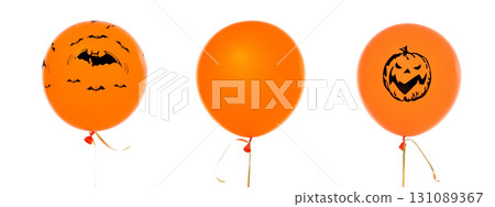 3 spooky orange Halloween balloons for a party, isolated, PNG 131089367