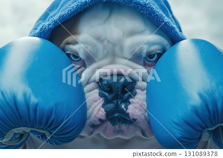 Fierce Bulldog in Blue Boxing Gloves Close Up 131089378