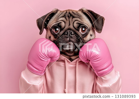 Goofy pug is dressed in pink boxing gloves, showcasing a humorous expression 131089393