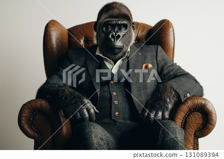 Stylish Gorilla in a Tailored Suit Relaxing in Chair Stylish Gorilla in a Tailored Suit Relaxing in Chair 131089394