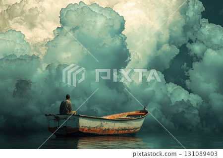 A man is sitting in a small boat in the middle of a large body of water 131089403
