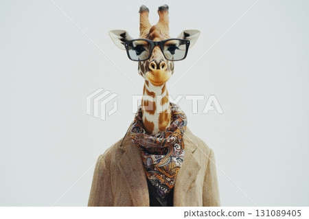 A giraffe wearing glasses and a scarf 131089405