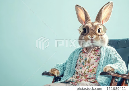 A rabbit wearing glasses and a floral shirt sits in a chair A rabbit wearing glasses and a floral shirt sits in a chair 131089411