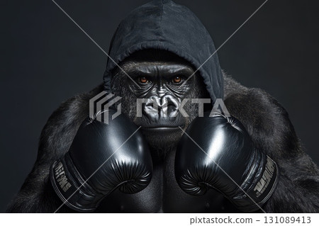 A gorilla wearing boxing gloves and a hoodie 131089413