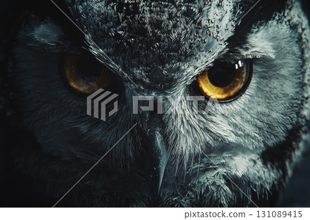 A close up of an owl's face with yellow eyes 131089415