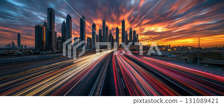 A city skyline with a sunset in the background 131089421