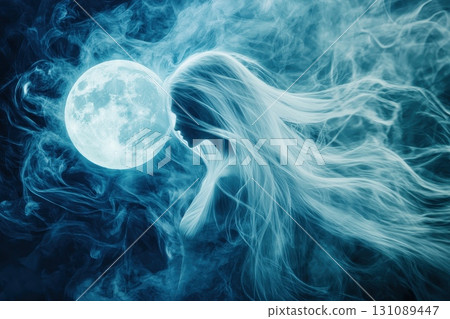 A woman with long hair is standing in front of a blue moon A woman with long hair is standing in front of a blue moon 131089447