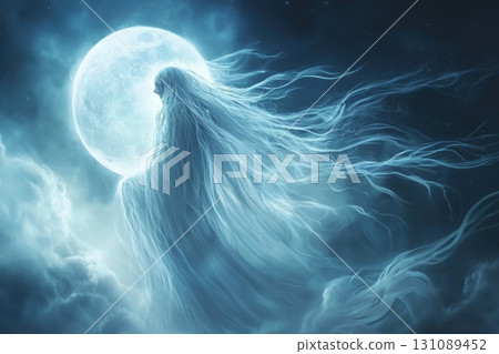 A woman with long hair is standing in front of a large blue moon 131089452