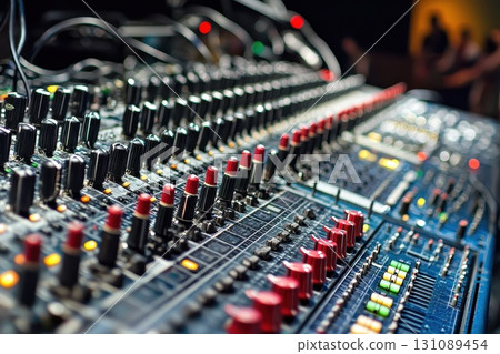 A large sound board with many knobs and buttons 131089454