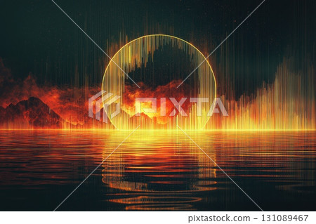 A glowing orange circle is floating in the water A glowing orange circle is floating in the water 131089467