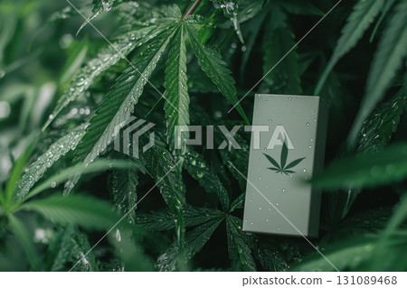 A box of marijuana is sitting in the middle of a lush green plant 131089468